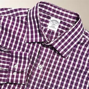 Brooks Brothers 346 Mens 16.5 Slim Fit Non Iron Purple Plaid Long Sleeve Shirt L